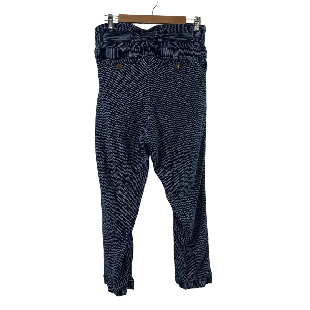 Free People Pinstripe Paperbag Cotton Tapered Pants Navy Blue White Size 10 Boho